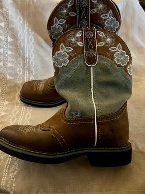 Justin Starlina Suede & Leather Western Boots with Turquoise Floral Stitching